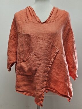 Lands Downunder Linen Hooded Top Coral Boho Tunic Oversized Pocket Relaxed Fit